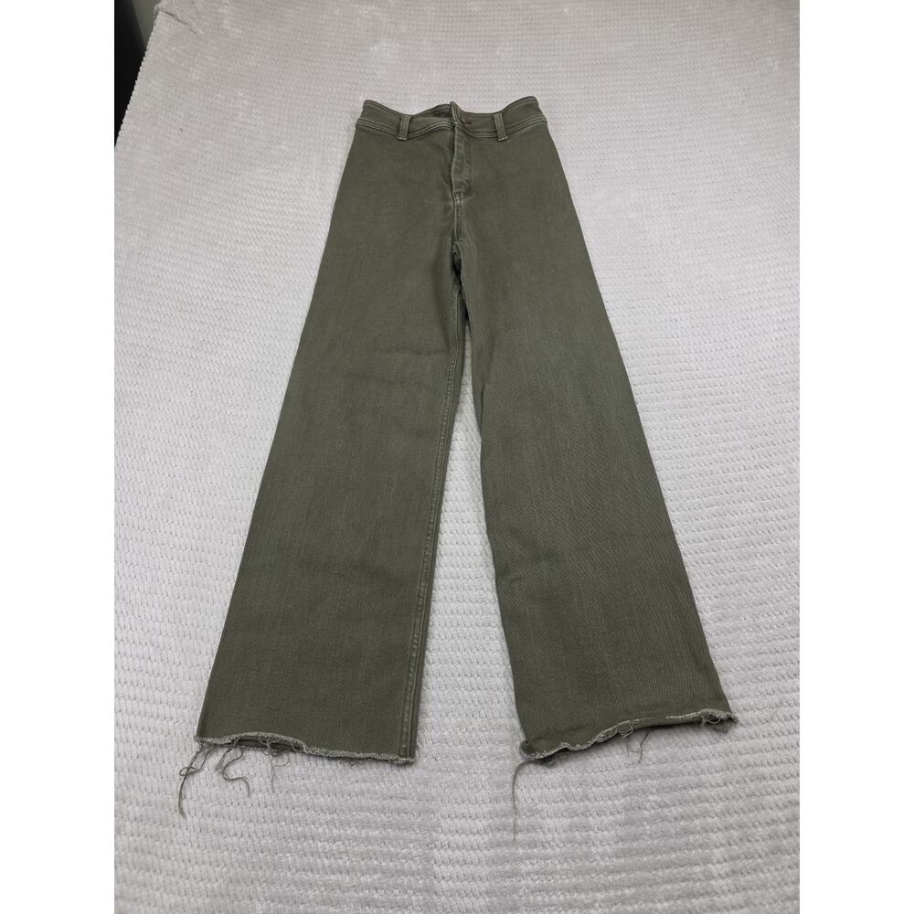 Shoe Fly Jeans Womens Small Green Wide Leg High Rise Stretch Raw Hem